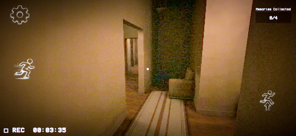 The Obelisk: Home Horror Game - Jugabilidad en primera persona de un pasillo estilo VHS granulado en The Obelisk Home Horror Game