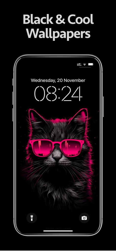 Black Wallpaper Dark Sad 4K - An iPhone lock screen displaying a black cat wallpaper with glowing pink sunglasses and the title Black and Cool Wallpapers