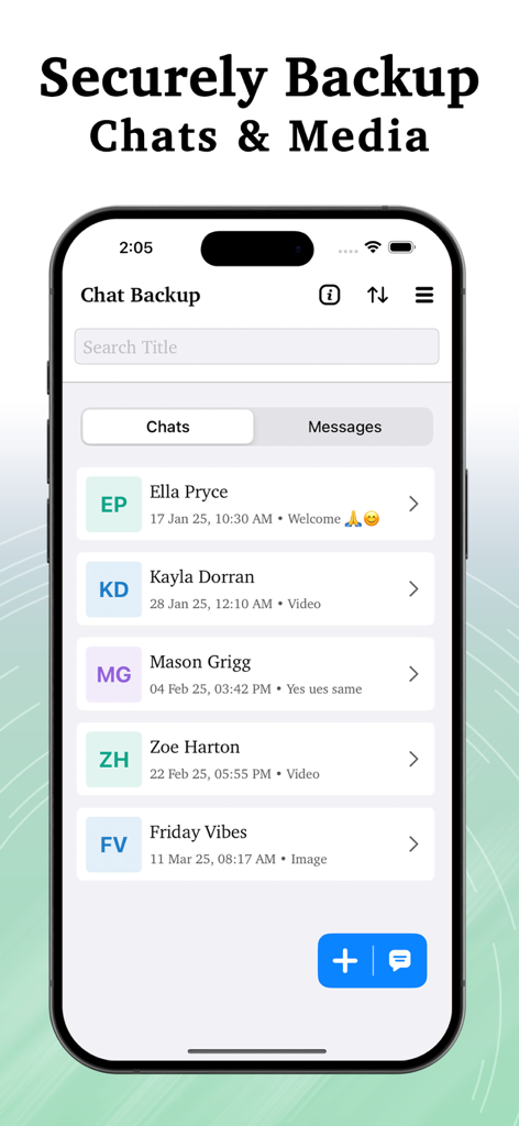 Screenshot of the Chat Backup app interface showing a list of archived chats and the option to securely backup media files