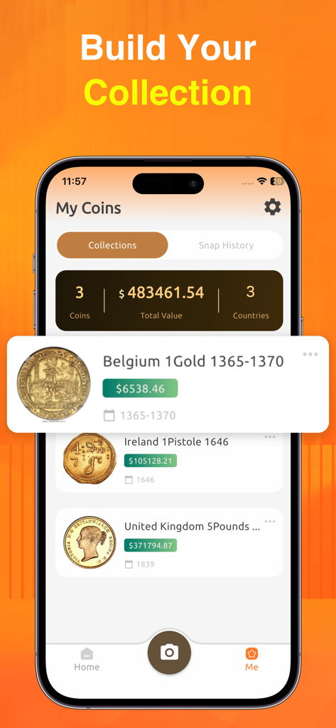 ChatCoin: Coin Identifier - Pantalla de la aplicación móvil de ChatCoin mostrando una colección de monedas con valoración total y detalles de monedas individuales
