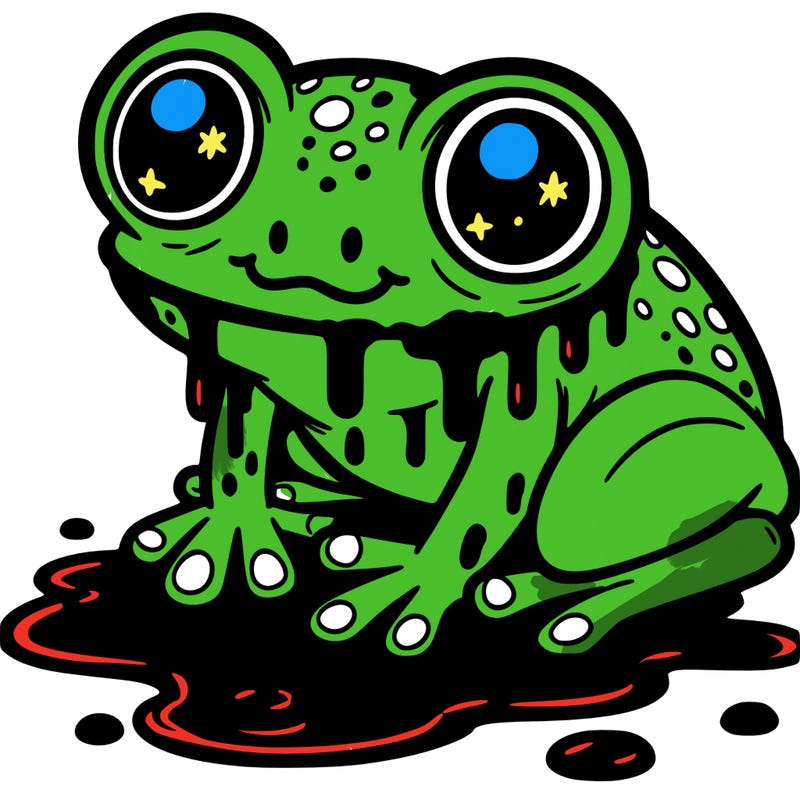 a creepy but cute frog with blood on it