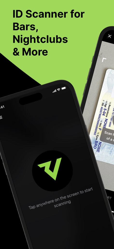 Vyyer ID Scan mobile app interface for bars and nightclubs showing ID verification
