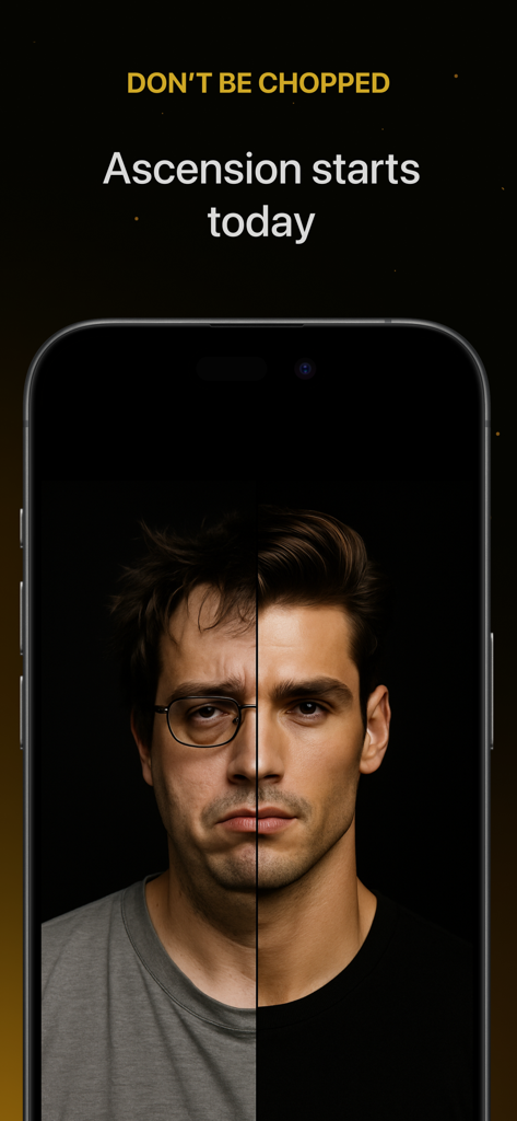 Split screen showing a male facial transformation from average to attractive on the Ascension app interface
