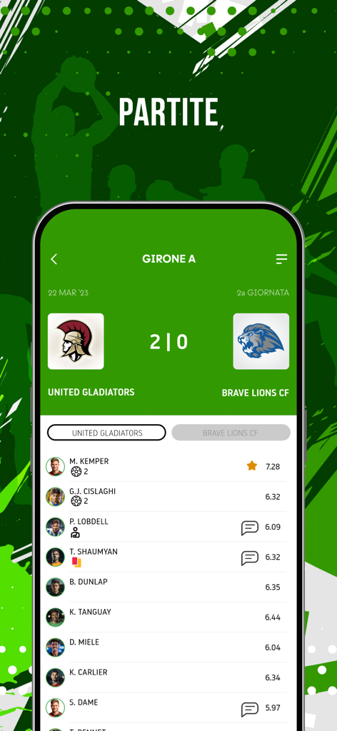 Enjore - Aplicación móvil Enjore que muestra los resultados de los partidos de torneos deportivos y las estadísticas de rendimiento de los jugadores.