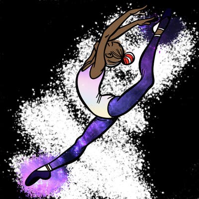 gymnast doing a leap in a leotard with a bent back leg