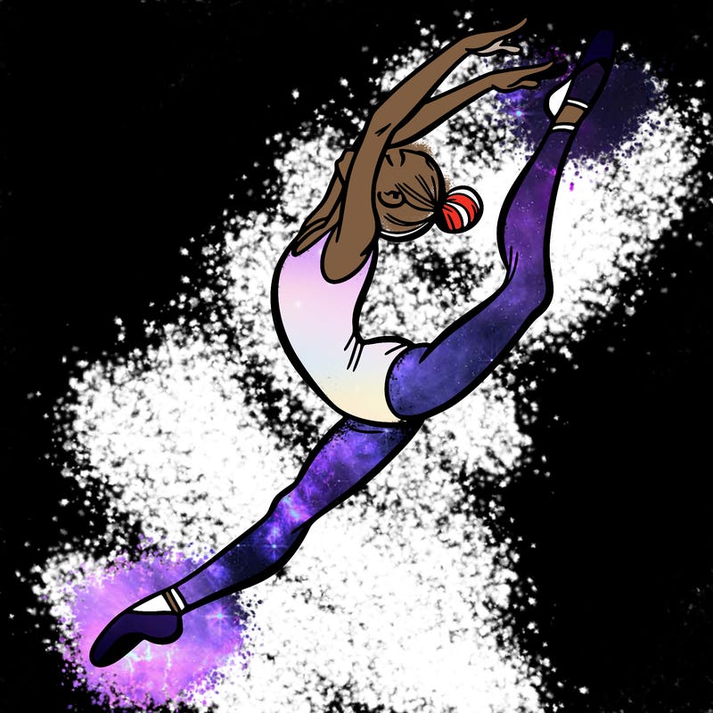 gymnast doing a leap in a leotard with a bent back leg