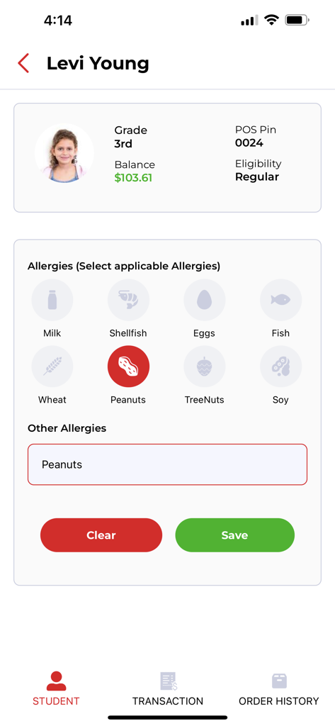 Student profile screen in MealManage app for managing food allergies and meal account balance