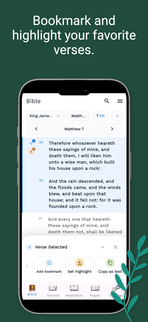 Bible Note - Sermon & Prayer - Interfaz de la aplicación Biblia Nota que muestra funciones de resaltado y marcadores de versículos