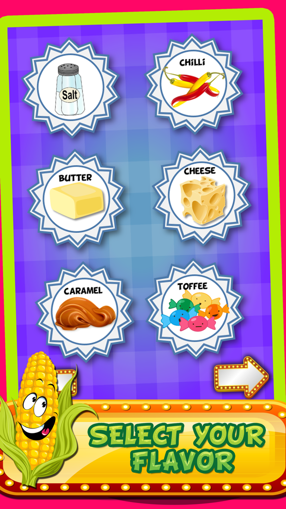 Popcorn Maker-Kids Girls free cooking fun game - Flavor selection screen in the Popcorn Maker game showing different toppings like salt, butter, and cheese.