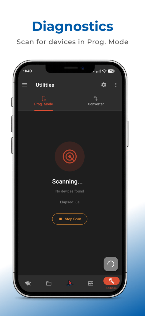 SharKNX - La pantalla de la aplicación SharKNX muestra la utilidad de diagnóstico escaneando dispositivos en modo de programación