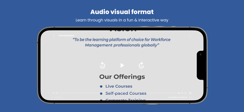 Smartphone screen in landscape mode showing a video lesson on workforce management within the WFM eLearning app