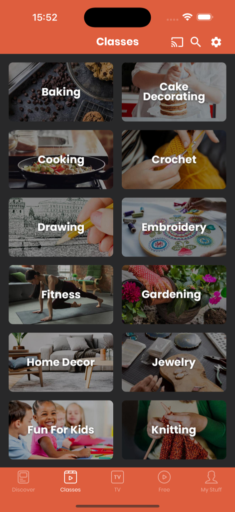 A grid of craft and hobby class categories in the Craftsy app including knitting and baking