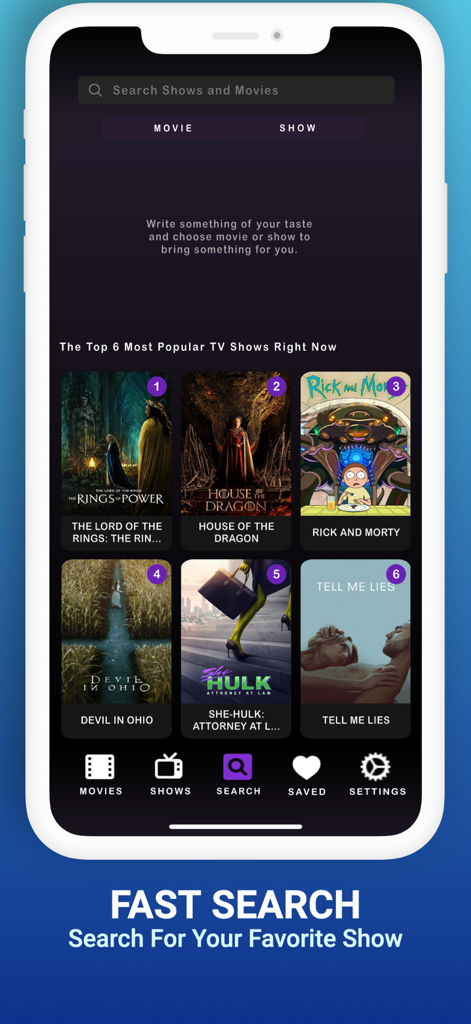 Interface of the Flixtor app showing a fast search screen with popular TV shows and navigation menu