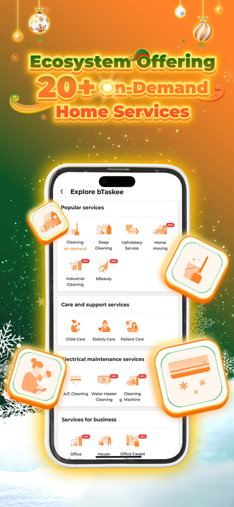 bTaskee - Home Services - bTaskee App-Oberfläche mit verschiedenen On-Demand-Haushaltsdienstleistungen wie Reinigung, Kinderbetreuung und Wartung