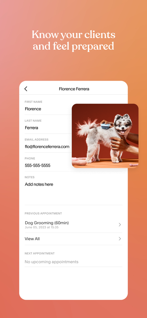 Acuity Scheduling - Acuity Scheduling app interface showing a client profile with contact info and dog grooming appointment history