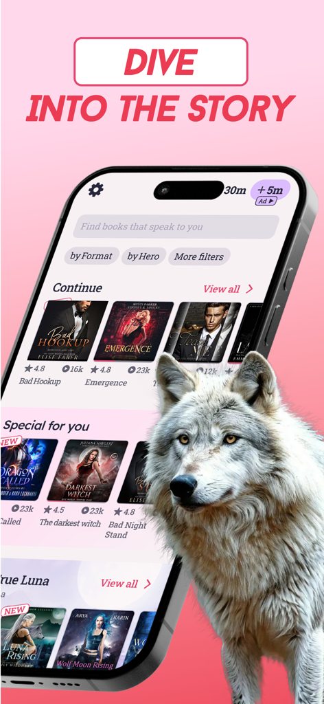 Lovella: Novels & Audiobooks - Lovella app screen displaying romance and werewolf novel categories with a wolf illustration overlay