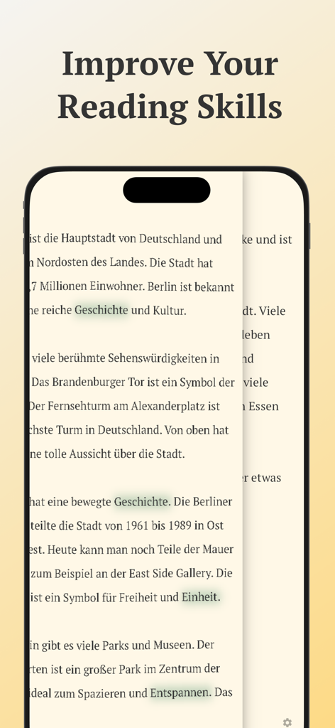 Vocabuo - Language Vocabulary - Vocabuo app interface showing a German text with highlighted vocabulary words for reading practice