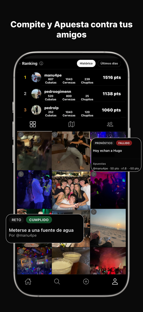 Screenshot of the CountIt app showing a points leaderboard for friends and a social feed of party photos and challenges.
