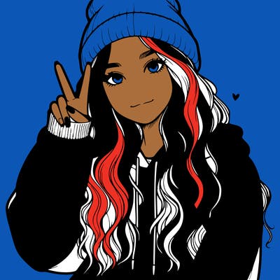 a teenage girl in a beanie, oversized sweatshirt, wavy long hair, and is showing a ✌️