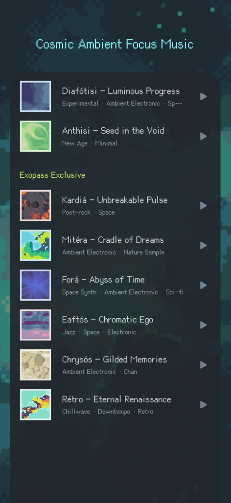 Exocus | Painless Focus - Lista de reproducción de música ambiental de enfoque cósmico en la aplicación Exocus con íconos de pixel art y varios géneros electrónicos