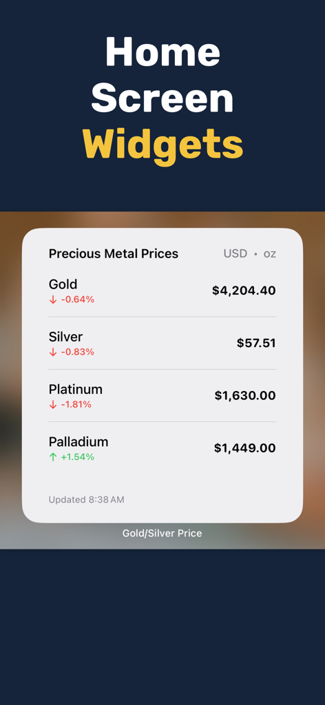 Gold & Silver Prices Live - Mobile home screen widget showing live gold silver platinum and palladium prices in USD