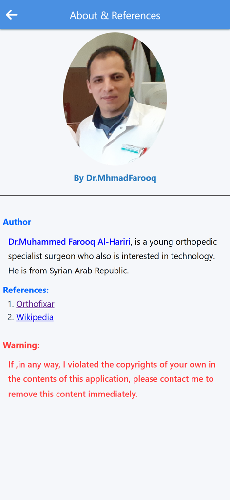 Medical Mnemonics App - About and References screen showing author biography and medical source links in the app