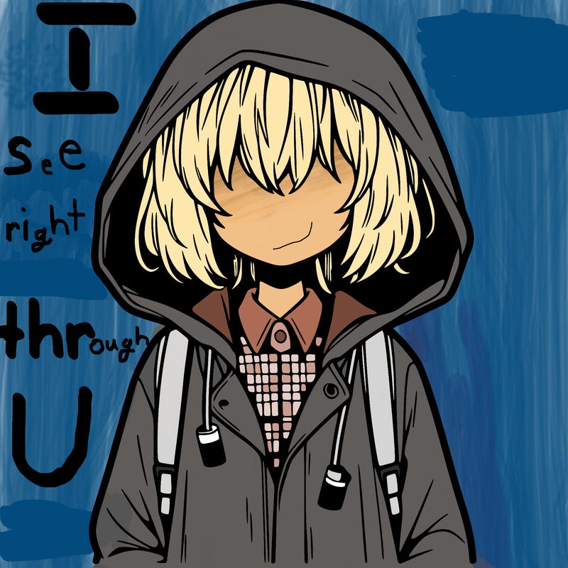 little anime girl in a raincoat her hair is covering her eyes she has a lighter