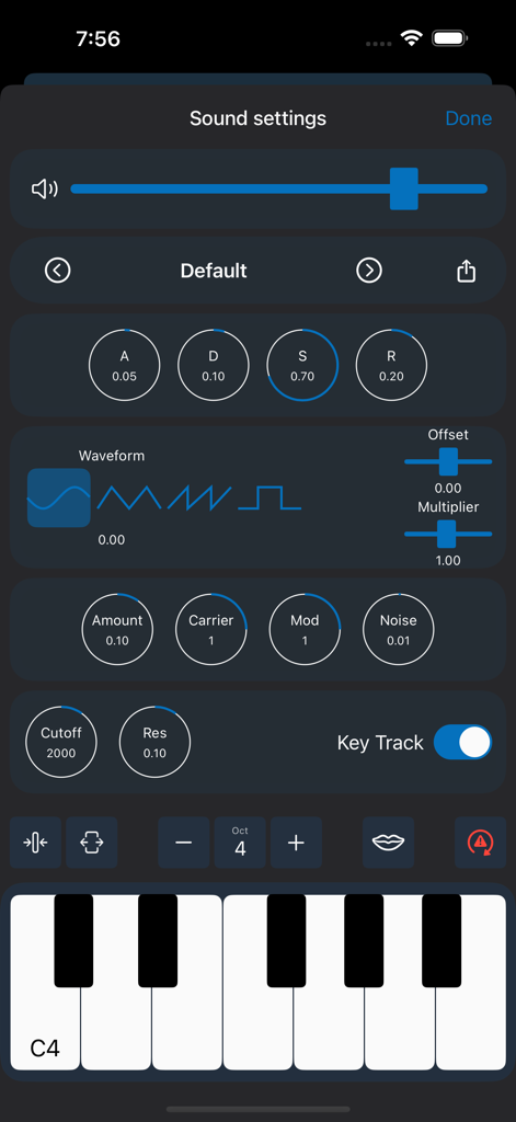 Chordi app sound settings interface showing built-in synthesizer controls with ADSR envelopes and waveform selection