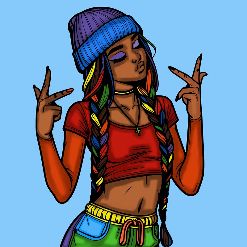 realistic teenage girl with braids and a beanie and crop top doing 🫶🏼