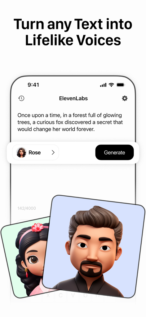 Interface of ElevenLabs AI Voice Generator app showing text to speech conversion with character avatars