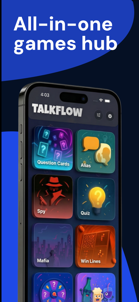 TalkFlow: Play Together - Menu principal do aplicativo móvel TalkFlow mostrando uma variedade de jogos de festa sociais incluindo Espião, Alias e Máfia