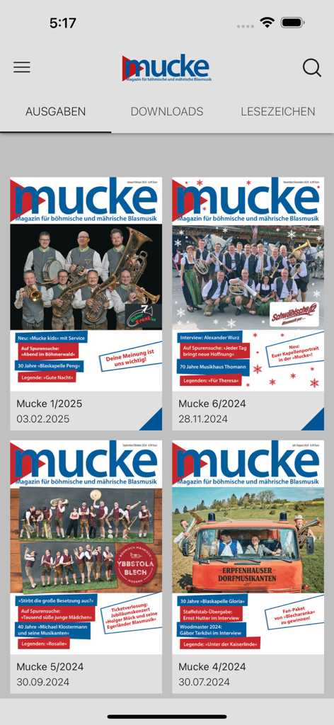 Mucke - Interface of the Mucke app showing a grid of digital magazine issues focused on Bohemian and Moravian brass music.