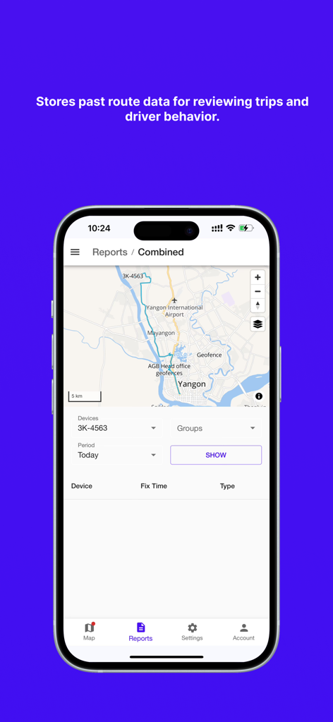 AGB Smart Track dashboard showing historical trip reports and route data on a map.