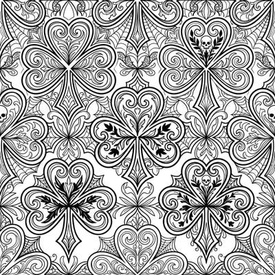 Dive into a world of dark beauty with this unique Gothic Shamrock Emblems coloring page. Featuring intricate details, Victorian lace, and mysterious skulls, it offers a captivating artistic challenge for adults and teens.