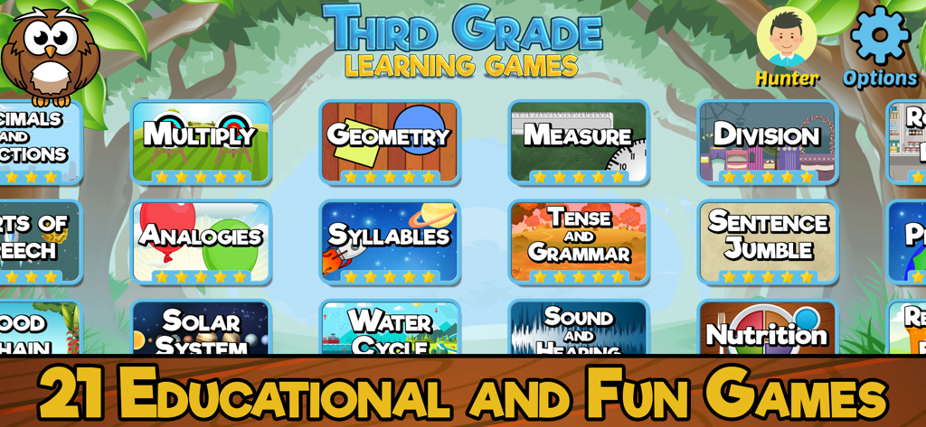 Third Grade Learning Games - Menu principale dell'app Giochi didattici per la terza elementare che mostra varie schede educative per materie di matematica, scienze e lingua