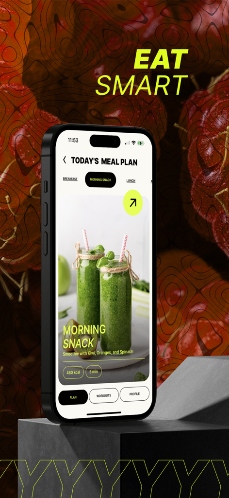 Smartphone screen displaying Shapy app daily meal plan with a healthy green smoothie recipe
