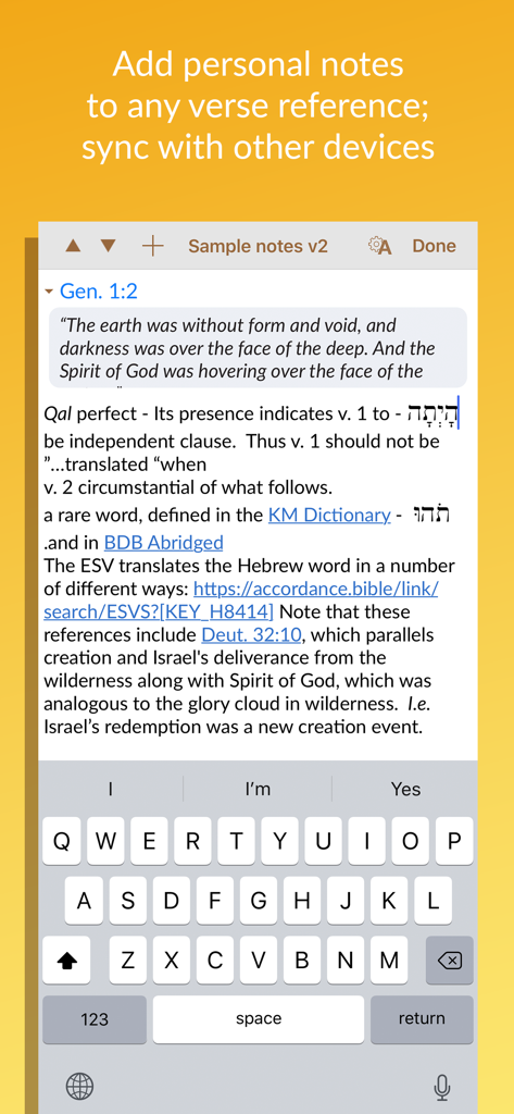 Accordance Bible Software - Interface of the Accordance Bible Software showing the personal notes feature with academic Hebrew text analysis