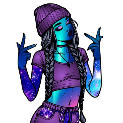 realistic teenage girl with braids and a beanie and crop top doing 🫶🏼