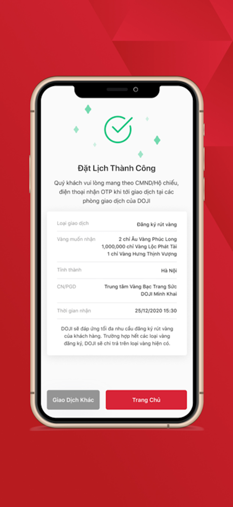 A confirmation screen in the eGold app showing a successful physical gold withdrawal appointment at a DOJI store.