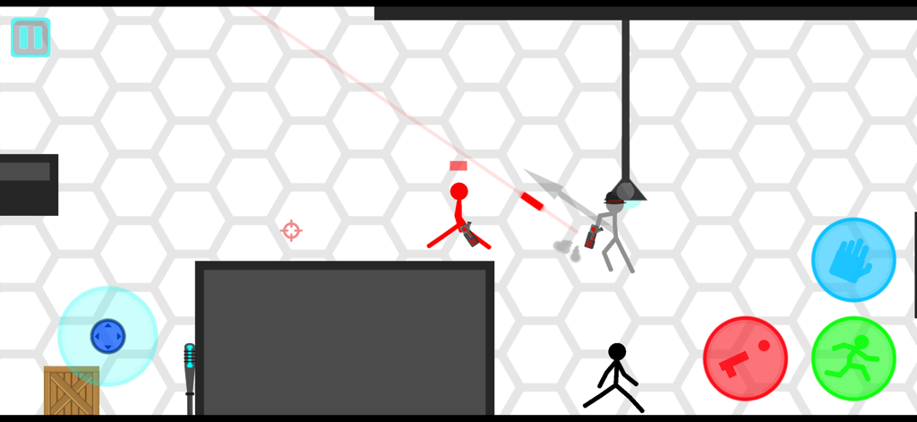 Stickman Project - Stickman characters fighting in a 2D physics-based level with action buttons on screen