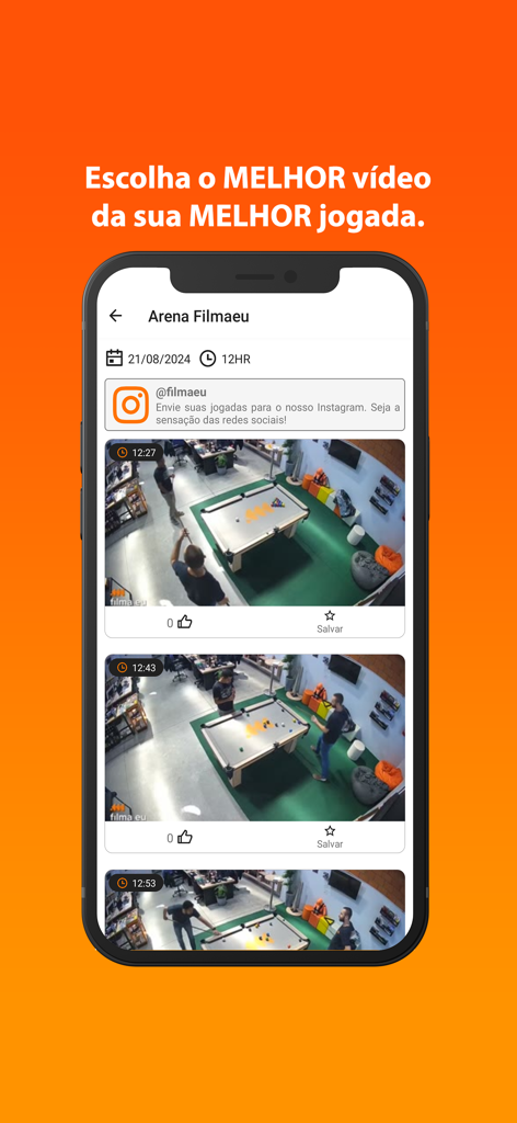 Screenshot of the Filma Eu app showing a list of captured sports highlight videos to choose from