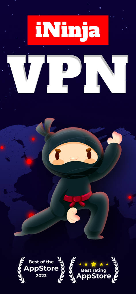 Tela inicial do aplicativo VPN iNinja mostrando um personagem ninja de desenho animado e selos de melhor avaliação da App Store 2023.