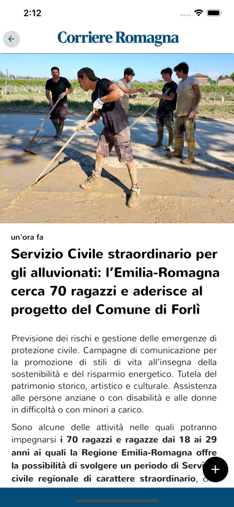 Corriere Romagna Digital - Corriere Romagna app news article about civil service recruitment for flood recovery in Forli