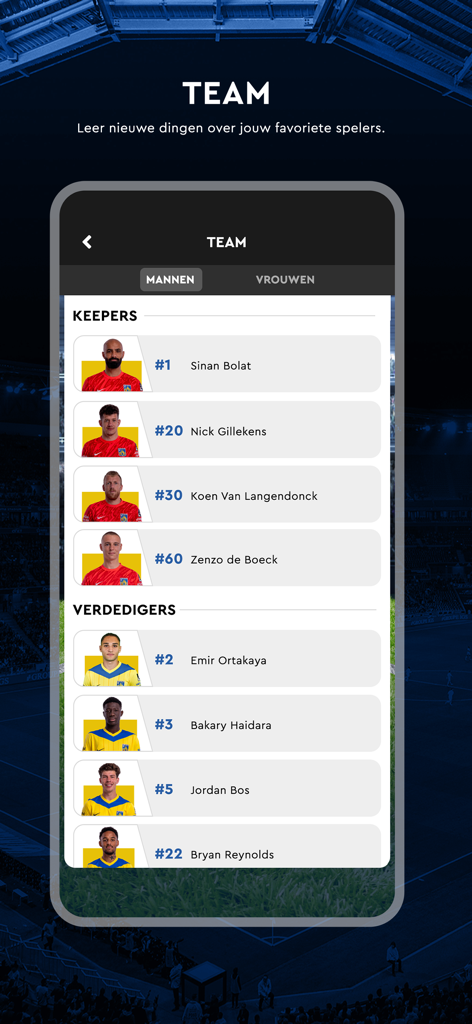 KVC Westerlo official app team roster screen showing goalkeepers and defenders