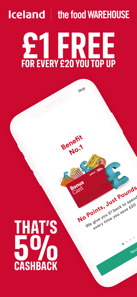 Pantalla de marketing de la aplicación Iceland Bonus Card que muestra un beneficio de reembolso del 5 por ciento para ahorrar en comestibles