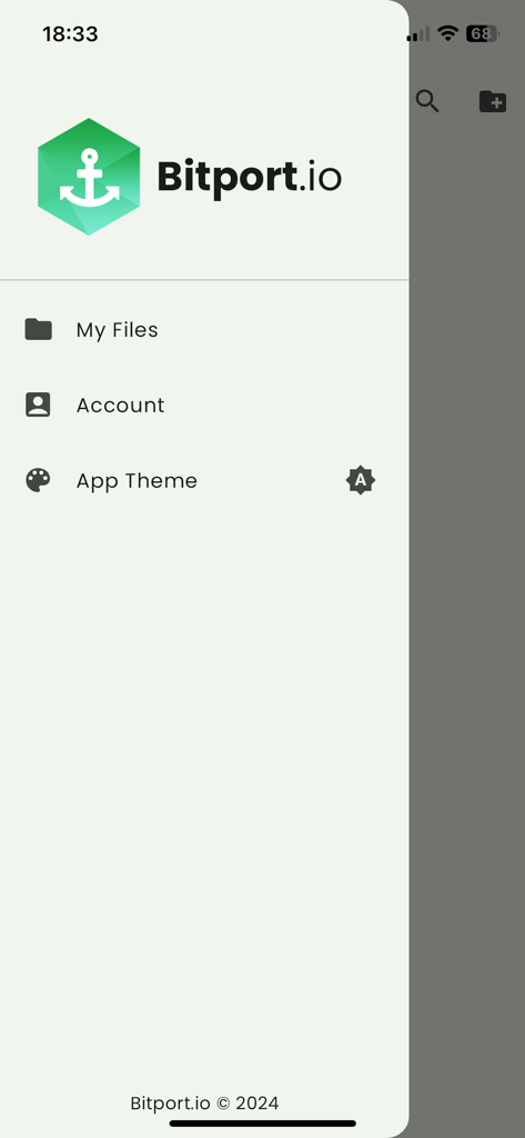 Side navigation menu of the Bitport app showing options for files account and app theme