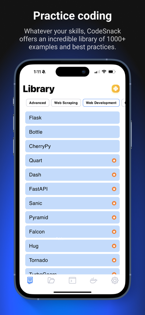 CodeSnack IDE - CodeSnack IDE mobile interface showing a library of over 1000 coding examples for web development and practice