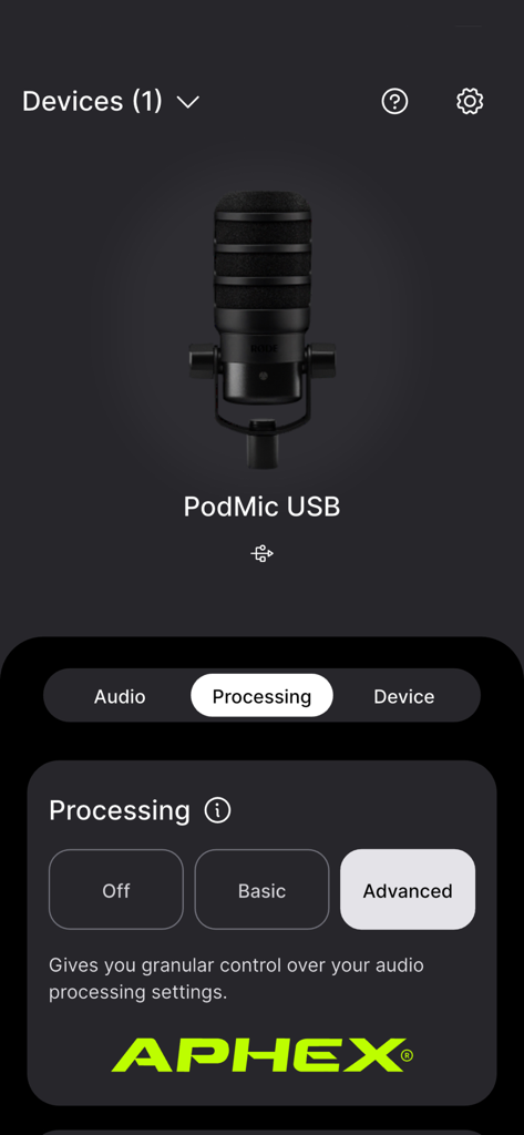 RODE Central Mobile app interface showing advanced Aphex audio processing settings for a PodMic USB microphone.