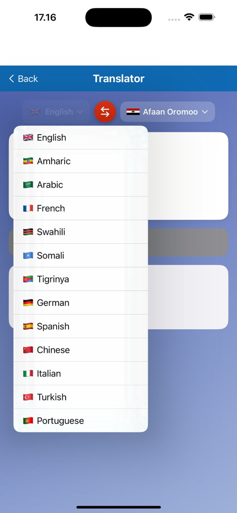 Afan Oromo English Dictionary - Language selection dropdown in the Afan Oromo English Dictionary translator featuring Amharic Arabic and more