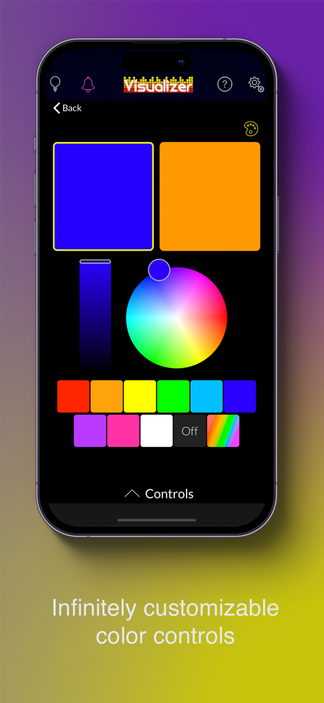 Smartphone interface of Light DJ Visualizer showing a color wheel and customizable color palettes for smart lights.